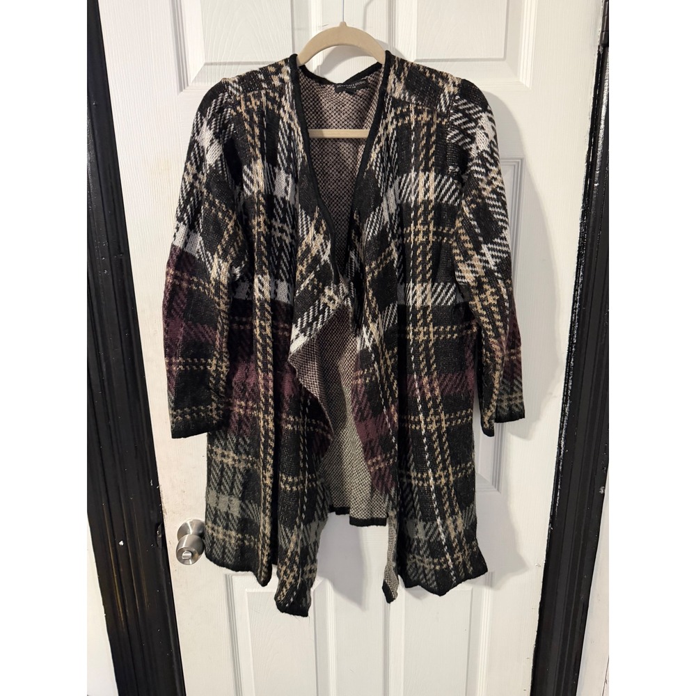 Signature Studio Plus Size 3X Plaid Open Front Cardigan Black Tan Burgundy Knit